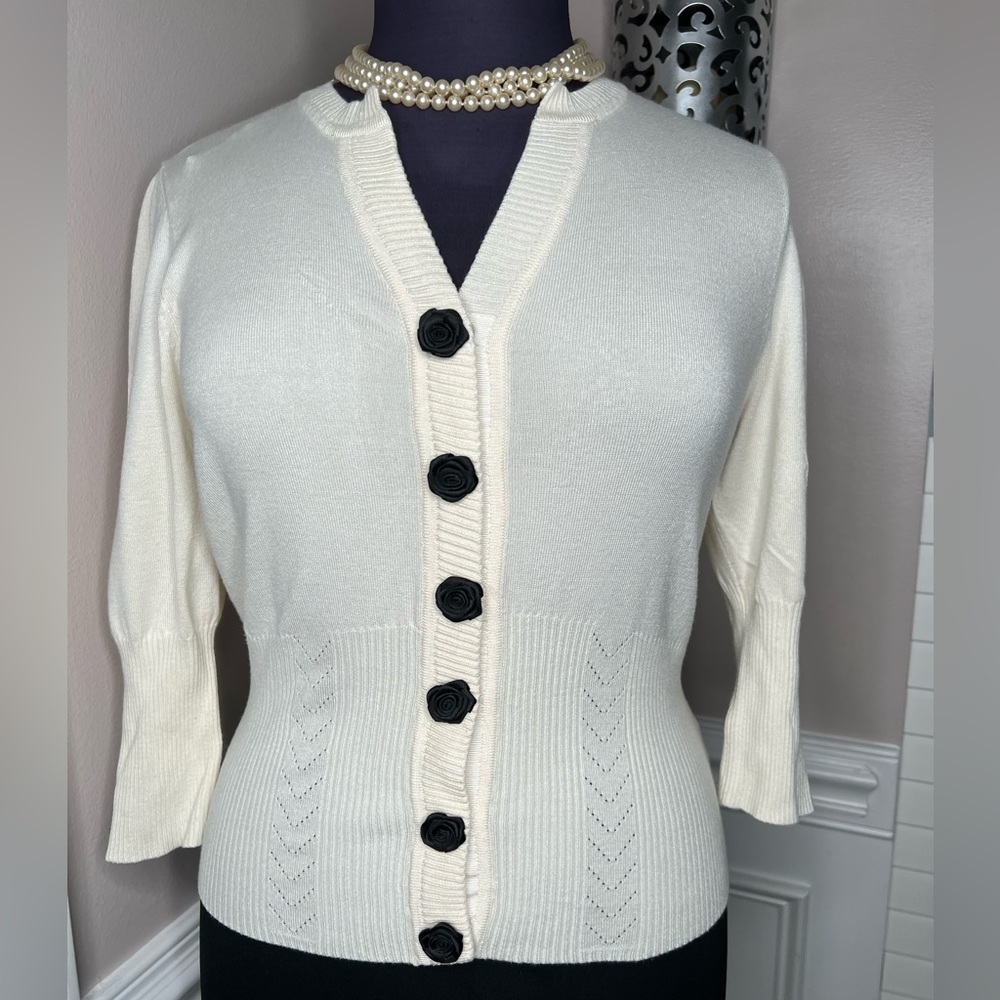 New Directions Petite Ivory Cardigan with black rose buttons size PXL